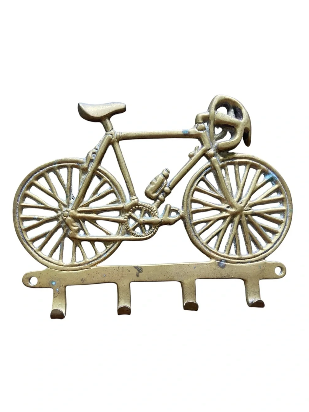 Vintage Brass Bicycle Key Holder Wall Mount 4 Hook Racing Bike Decor
